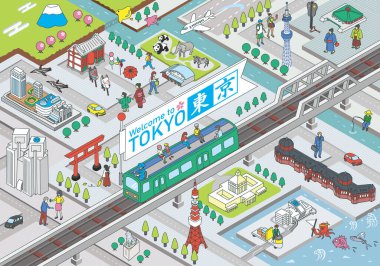 TOKYO JAPONYA 'NIN Isometric vektör illüstrasyonu.