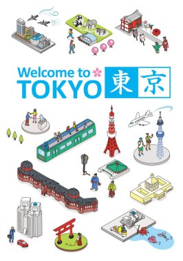 TOKYO JAPANAN 'a hoş geldiniz. TOKYO JAPONYA' NIN Isometric vektör illüstrasyonu.
