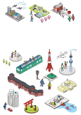 TOKYO JAPANAN 'a hoş geldiniz. TOKYO JAPONYA' NIN Isometric vektör illüstrasyonu.