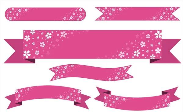 Set of Japanese style pink banners decorated with cherry blossoms drawn on a white background. — Stock Vector