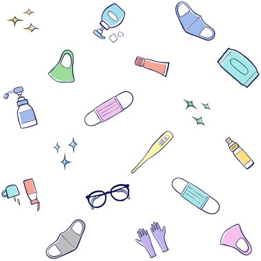 Tıbbi maske, dezenfektan şişeleri, dezenfektan spreyi, çamaşır jeli, sabun, eldiven, bardaklar, gargara, termometre..