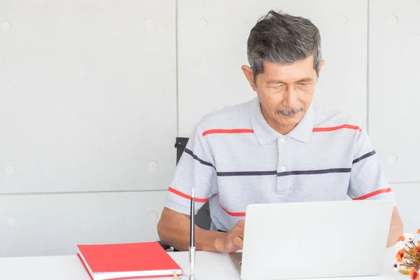 Modern ev ofisinde dizüstü bilgisayar kullanarak Kıdemli Asyalı adam