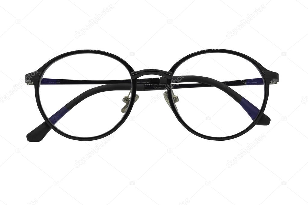 Eye Glasses, shiny black frame Isolated on white background.
