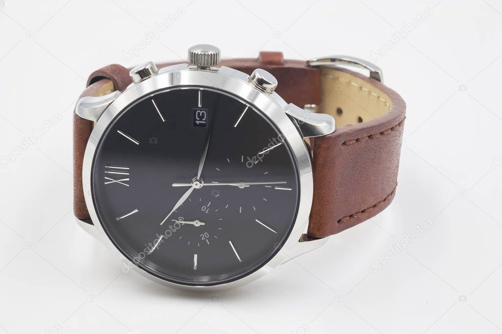 Luxury wristwatch, Brown leather isolated on white background with clipping path.