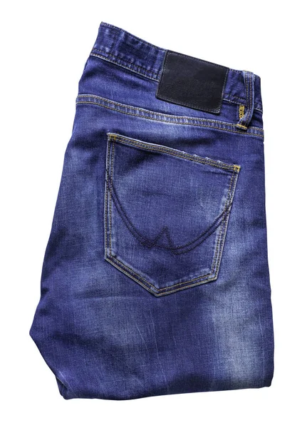 Vista Superior Moda Jeans Azul Dobrado Isolado Fundo Branco Com — Fotografia de Stock