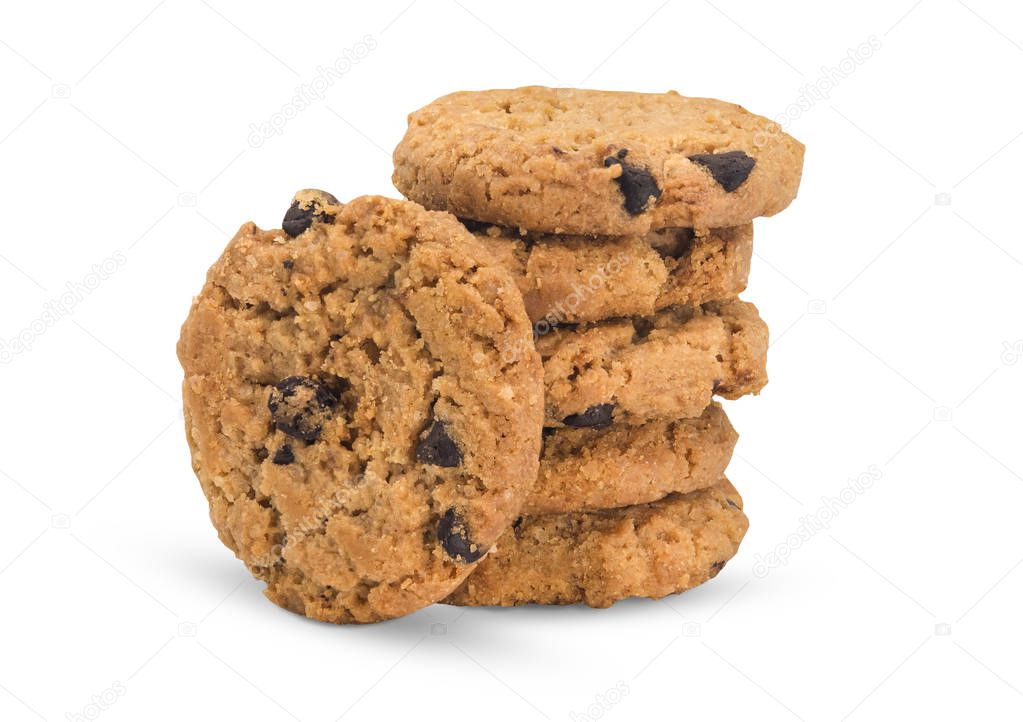 Close-up of Chocolate chip cookies isolated on white background. Clipping path.