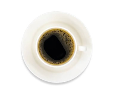 Top view hot fresh black coffee in a white cup with white plate isolated on white background. Clipping path. flat lay