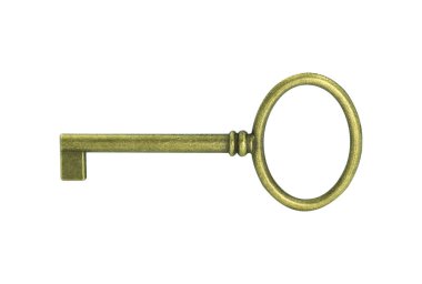 Beyaz arkaplanda kırpma yolu ile izole edilmiş antika altın anahtar.