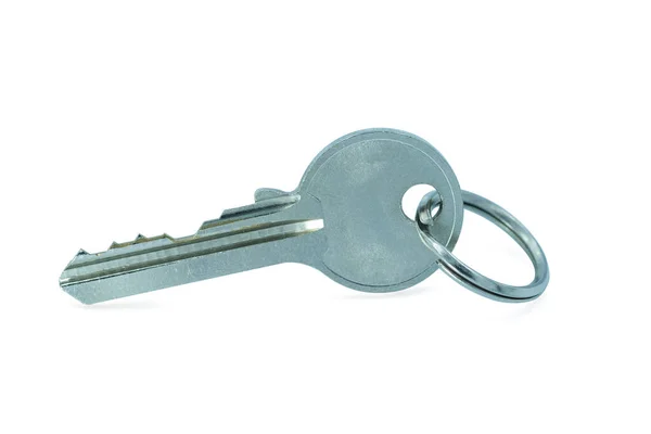 Tür Silbernes Schlüsselhaus Mit Hausförmigem Metallschlüsselanhänger Auf Weißem Hintergrund Mit — Stockfoto