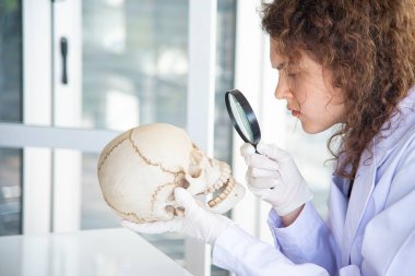 Genç, güzel bilim adamı doktor ya da araştırmacı laboratuvarda kafatasını inceleyip inceliyor..
