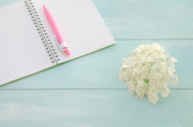 Açık defter ile pembe kalem ve ortanca nane ahşap arka plan üzerinde. Seçici odak