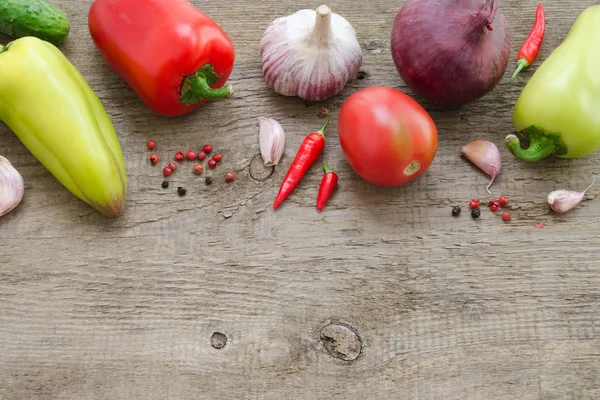 Marco Verduras Pepino Tomate Pimienta Cebolla Ajo Comida Saludable Vegano — Foto de Stock