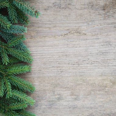 Eski ahşap masa çam dalları karede. Tatil kavramı. Kopyalama alanı kompozisyon