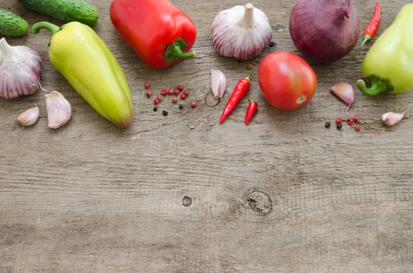 Marco Verduras Pepino Tomate Pimienta Cebolla Ajo Comida Saludable Vegano — Foto de Stock