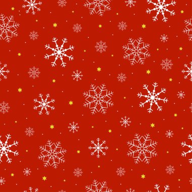 Kırmızı zemin üzerinde yıldızlar olan kar taneleri. Noel ve Yeni Yıl