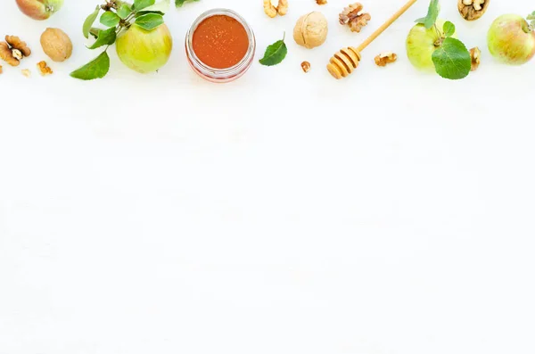 Honey Apples Walnuts White Wooden Background Overhead Food Shots Copy — Stock Photo, Image