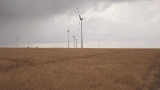 Вид с воздуха на ветряные турбины в сельской местности. Электрические пилоны в полях — стоковое видео