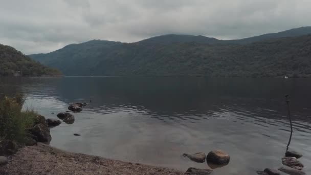 Latanie nad szkockim jeziorem z górami i roślinnością w tle. Magiczny krajobraz. Widok drona z powietrza — Wideo stockowe