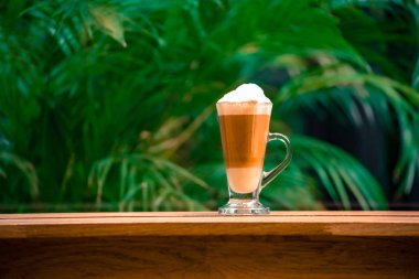 bulanık doğal arka plan ile masada kapuçino ile cam