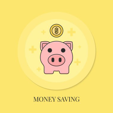 Sikke ile Piggy banka, Para Tasarrufu, Düz tasarım ince çizgi. Vektör çizimi.