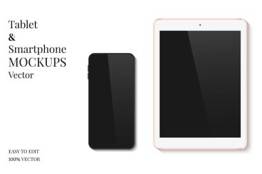 Tablet ve Akıllı Telefon, boş ekran ön ekranıyla birlikte. dijital tablet ve akıllı telefon ekranı mockup beyaz arka plan üzerinde izole. İletişim teknolojisi cihazı.