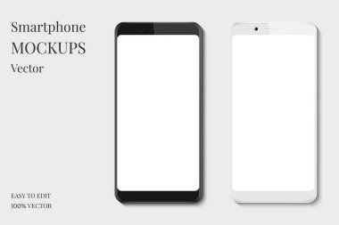 Akıllı telefon ekran mockup ayarlayın. Gri arka planda boş ekranlı siyah beyaz cep telefonu.