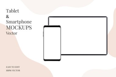 Gerçekçi tablet ve akıllı telefon beyaz arka planda izole. Boş akıllı telefon ve tablet mockup seti. Vektör mockup.