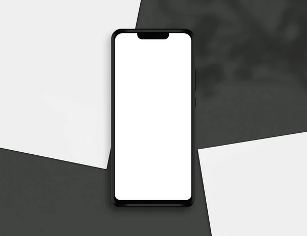 Smartfon Pustym Ekranem Wyświetlacz Smartfonu Białymi Papierami Pozostawia Cień Szablon — Zdjęcie stockowe