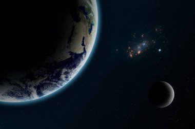 Uzayevreninin derinliklerinde Dünya, Ay ve bulutsular. Galaksi ve gezegen. Uzay duvar kağıdı. Nasa tarafından döşenmiş bu görüntünün elemanları.