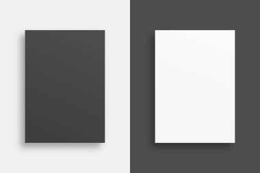 Yumuşak gölgeli A4 ya da A3 kağıtları. Boş bir kağıt maketi. Poster şablonu. Model vektörü izole edildi. Şablon tasarımı. Gerçekçi vektör illüstrasyonu.