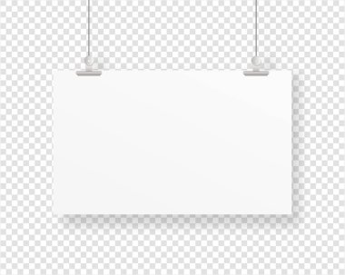 Ataçla asılı boş kağıt çerçeve modeli. Boş poster şablonu. Model vektörü izole edildi. Şablon tasarımı. Gerçekçi vektör illüstrasyonu.
