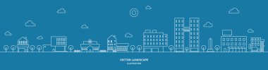 Binası, evi ve ağacı olan şehir manzarası. Şehir manzarası vektörü. İnce çizgi biçim illüstrasyonu.