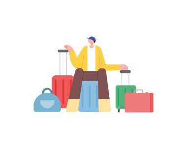 Bagaj çantalı, bavullu, bagajlı turist. Seyahat konsepti. Düz çizgi film karakter vektör çizimi.