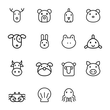 Hayvan simgesi seti. Düz çizgi ikonlarındaki hayvanlar. Vektör illüstrasyonu.