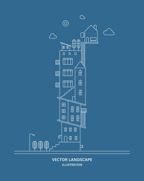 Stadtlandschaft Mit Gebäude Haus Und Baum Stadtlandschaftsvektor Illustration Dünnschichtstil — Stockvektor