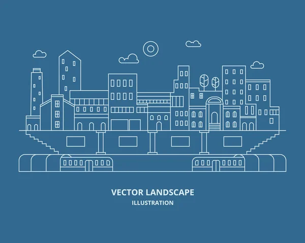 Urban Landscape Vector Thin Line Style Illustration — Stock Vector
