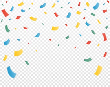 Düşen kağıt konfetileri. Şenlikli ya da kutlama arka plan şablonu. Şeffaf arkaplanda renkli konfeti.