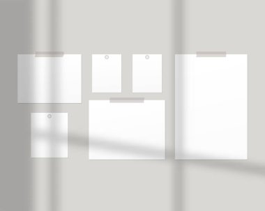 Ruh hali düzenleme şablonu. Duvarda gölgeli beyaz kağıtlar var. Model vektörü izole edildi. Şablon tasarımı. Gerçekçi vektör illüstrasyonu.