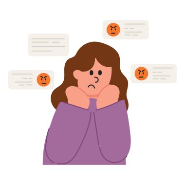 Siber zorbalıktan etkilenen bir kadının vektör karikatür çizimi. Çevrimiçi taciz ve dijital güvenlik kavramı.