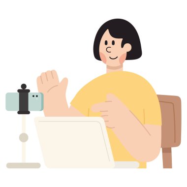 Akıllı telefondan canlı yayın yapan bir kadının vektör karikatür çizimi. Çevrimiçi içerik oluşturma, sosyal medya ve dijital yaşam tarzı kavramı.