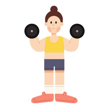 Egzersiz için ağırlık kaldıran bir kadının vektör karikatür çizimi. Fitness, vücut geliştirme ve sağlıklı yaşam tarzı konsepti.