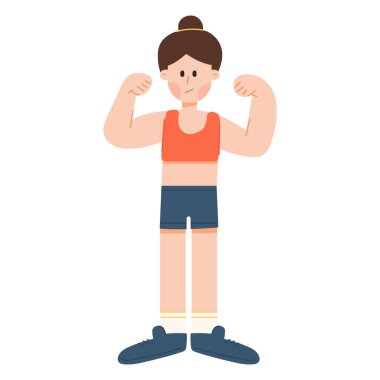 Egzersiz yapan bir kadının vektör karikatürü. Vücut geliştirme, fitness ve sağlıklı yaşam tarzı konsepti.