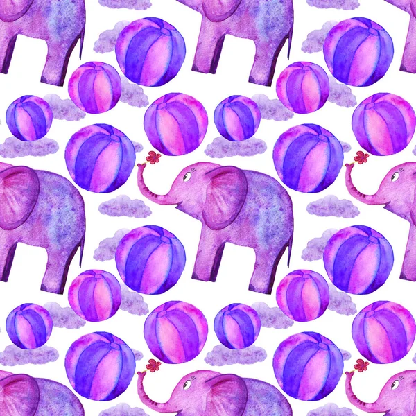 watercolor cute purple elephants with balls and clouds seamless pattern