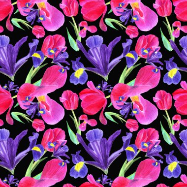 suluboya iris, lale ve siyah bac üzerinde dikişsiz desen yaprakları