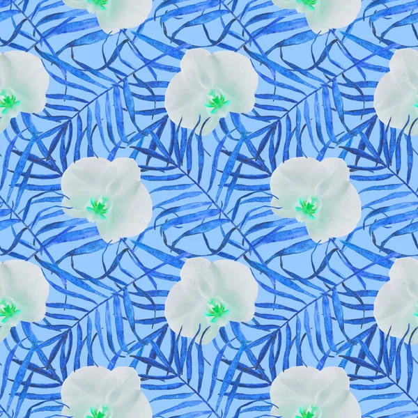leaves palm trees with orchid seamless pattern blue
