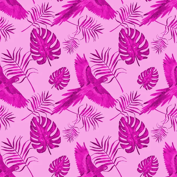 tropical pattern parrot leaves monstera and palm pink