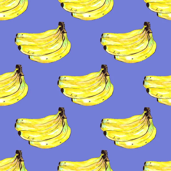 Aquarel bananen fruit naadloze patroon op blauwe achtergrond — Stockfoto