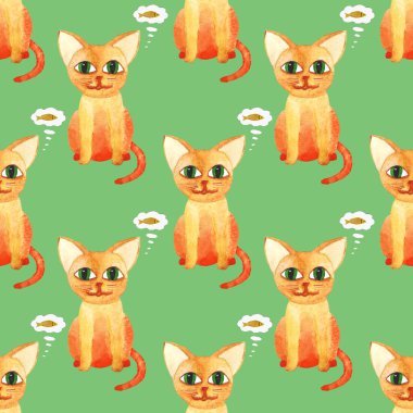 yeşil baklavalık zeminüzerinde suluboya sevimli kedi dikişsiz desen
