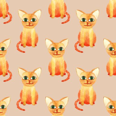 kahverengi baklavalık zeminde suluboya sevimli kedi dikişsiz desen