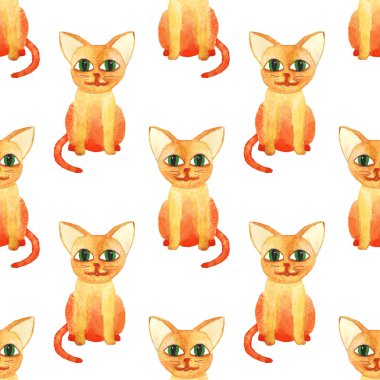 beyaz baklavalık zeminde suluboya sevimli kedi dikişsiz desen